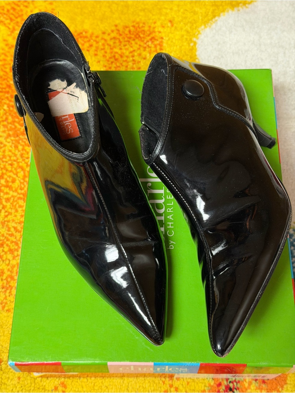 Charles David Black Patent Pointed Toe Ankle Booties